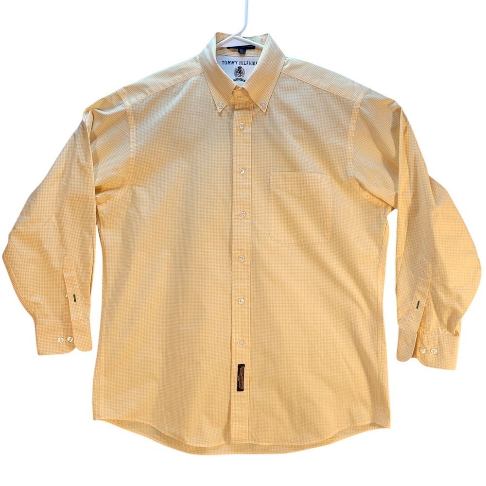 Tommy Hilfiger Mens Yellow & White Checker‎ 15.5/32-33 Button Up Long Sleeve